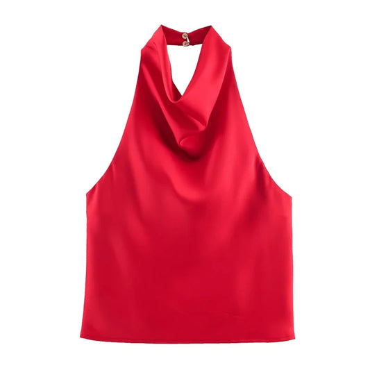 Alessia | Top de satén con cuello halter drapeado
