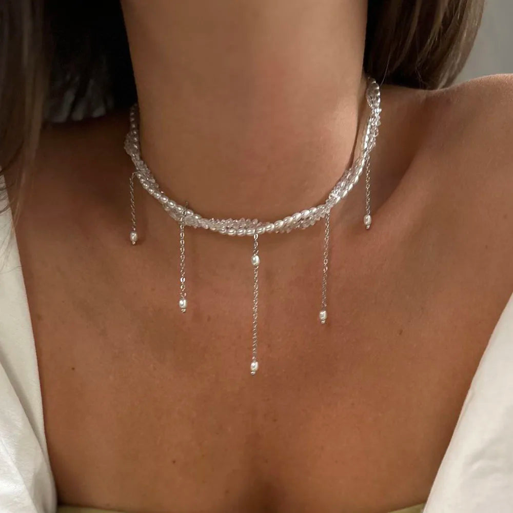 Collar Largo de Borlas, Perlas de Imitación y Cristales | Joyería Elegante